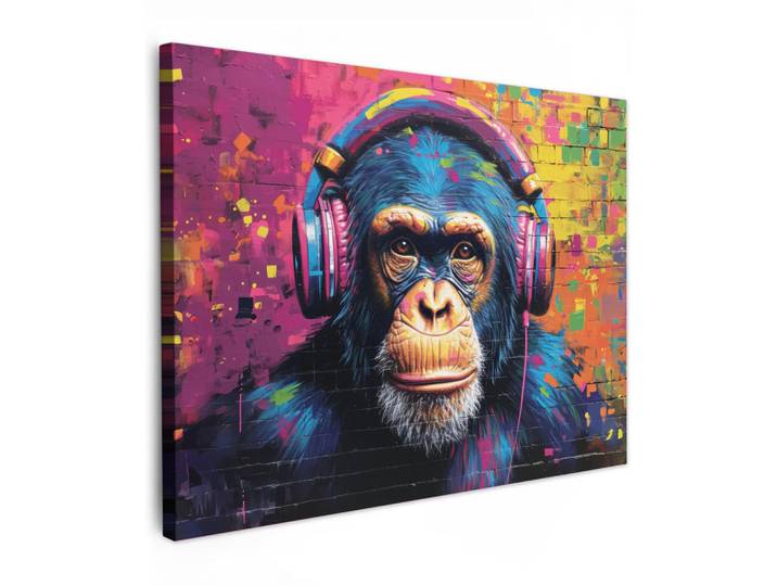 MuchoWow Leinwandbild - Graffiti - Schimpanse - Straßenkunst - Kopfhörer - Affe - 80x60 - Malerei, Blau, Textil, Kiefer, Abstrakt, Rechteckig, 80x60 cm, gerahmt, Bilder & Rahmen, Bilder, Wandbilder