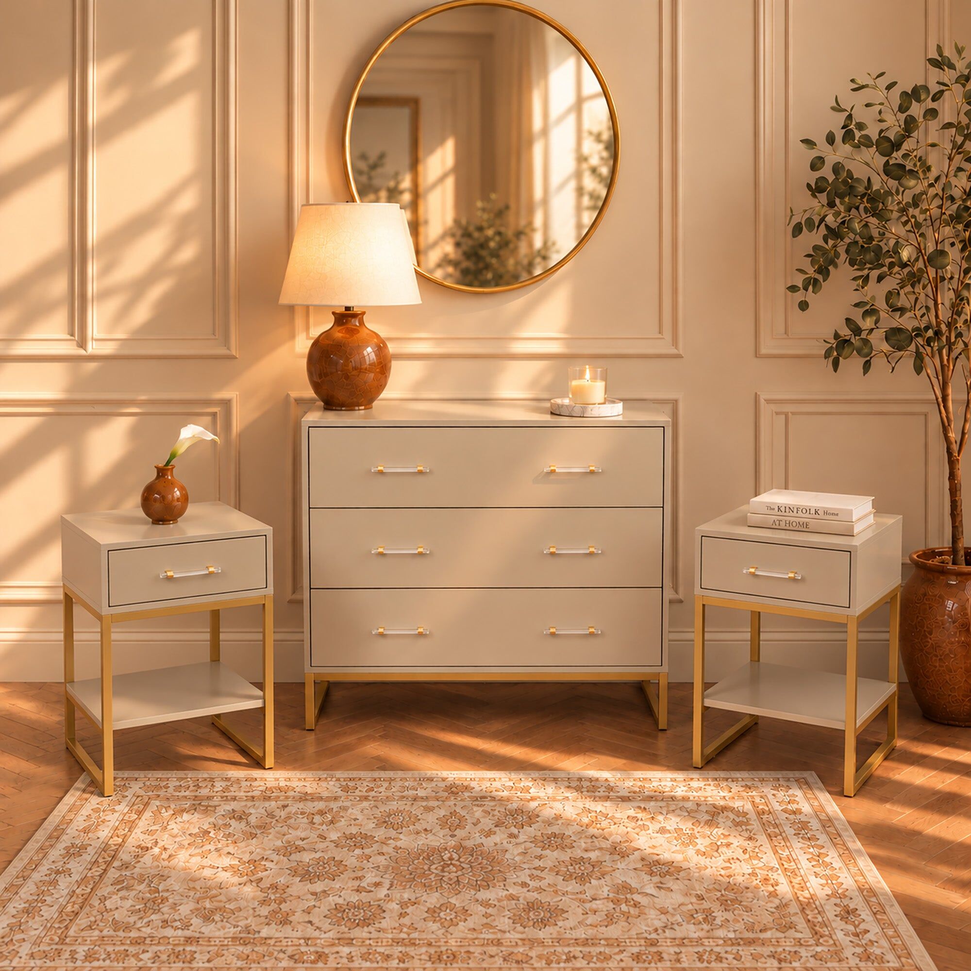 Neutral 3 Drawer Chest of Drawers & Pair of One Drawer Bedside Tables - Liana Taupe Range Coated MDF, Metal