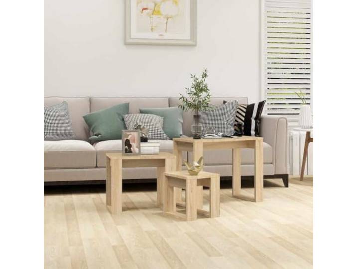 Beistelltische, 3 Stück, Sonoma-Eiche, Ingenieurholz Kompakte Aufbewahrung, modernes Design, multifunktional, kleine Wohnungen, enge Räume