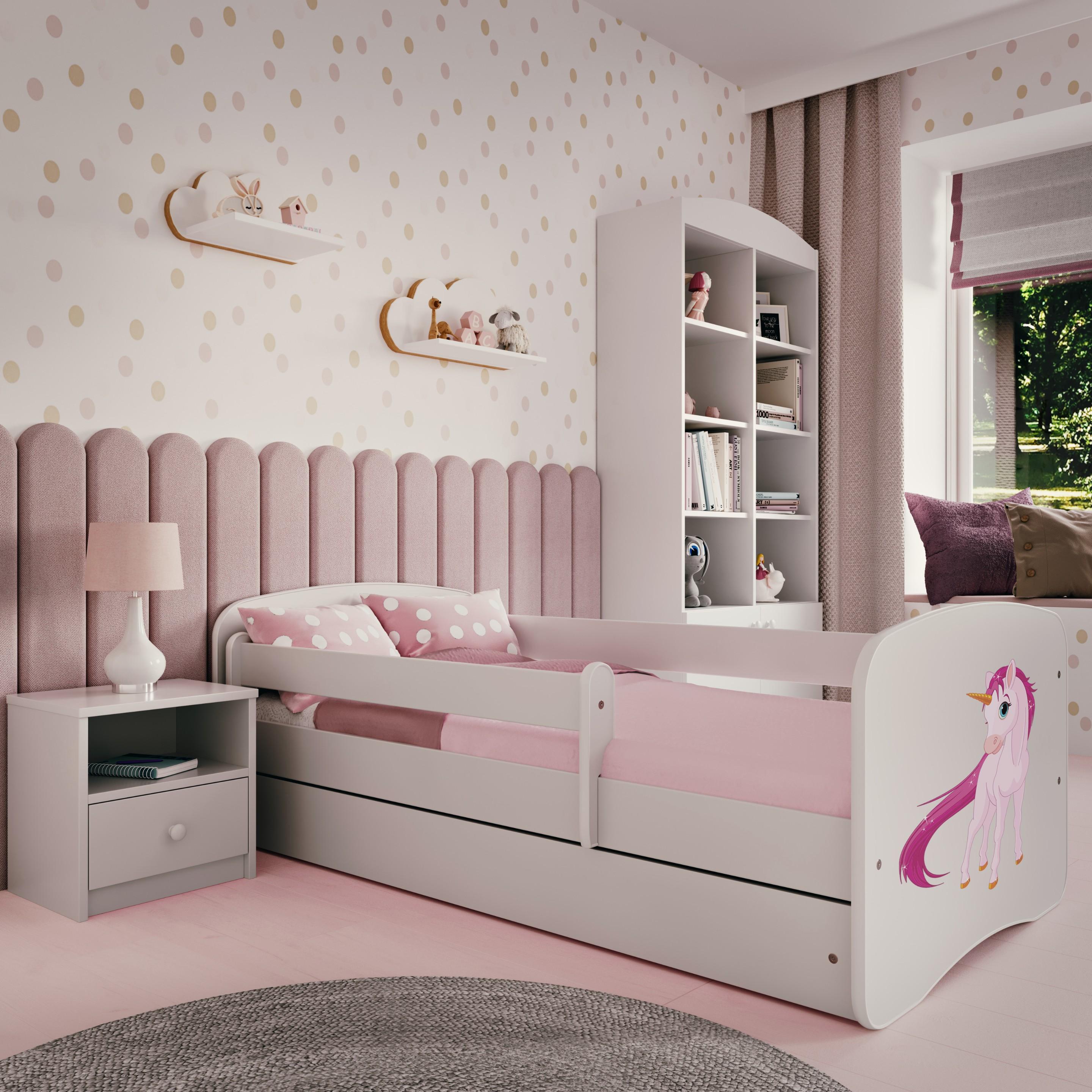 Kinderbett Jugendbett Einhorn 70x140, 80x160, 80x180 cm - Komplettset mit Matratze, Schublade & Rausfallschutz