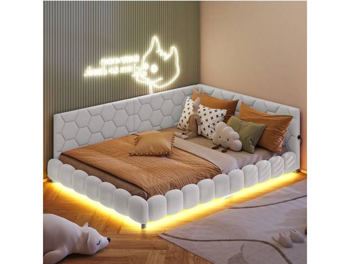 Lit Banquette 140x200 cm Multifonctionnel avec LED et USB Lit Double Canapé-Lit avec Sommier à Lattes Design Moderne Blanc
