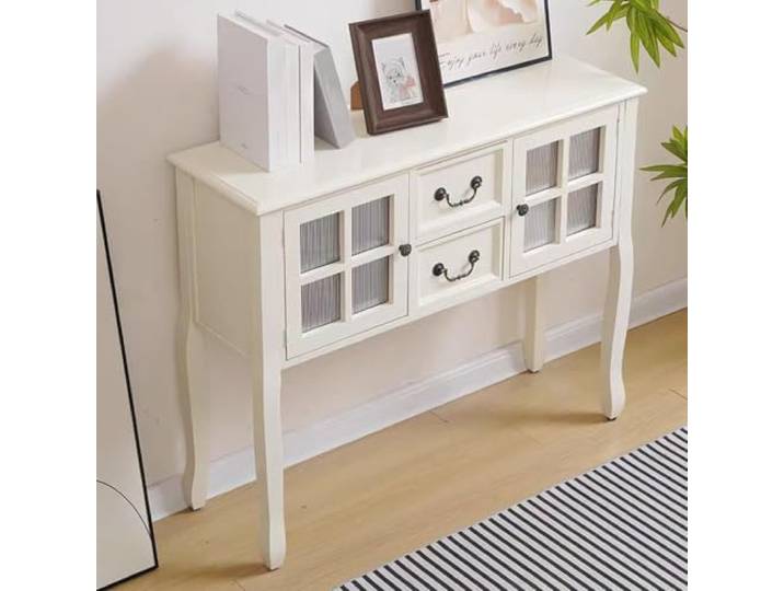 Massivholz Konsolentisch mit Schubladen, Flur- und Sofatisch aus Holz Massivholz-Rahmen, Stabile Konstruktion, Vielseitiger Stauraum, Einfache Montage(White,Medium)