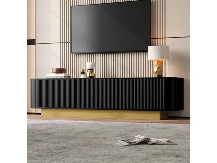 RAPRAP Modernes TV-Lowboard Mit Stauraum – Abgerundetes Design, Kabelmanagement, Texturfront, – Medienkonsole Wohnzimmer,Schwarz