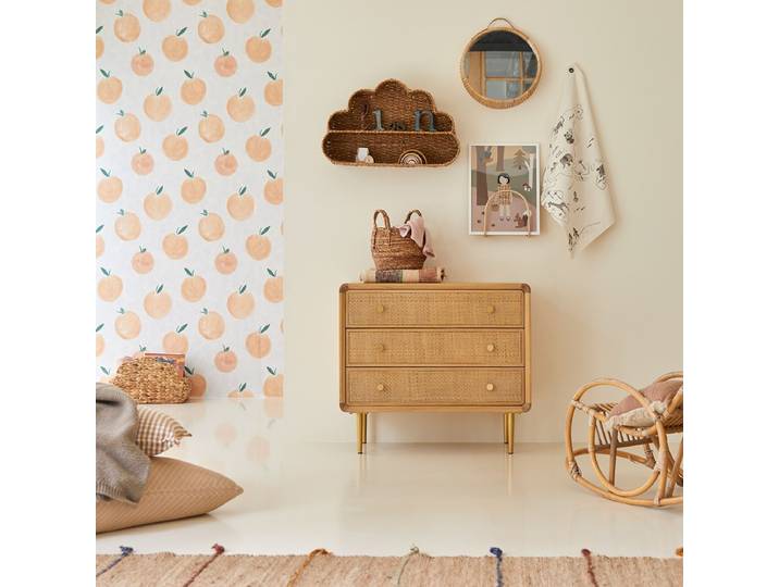 Kinderkommode aus massiver Eiche und Rattangeflecht - Natur - Oak