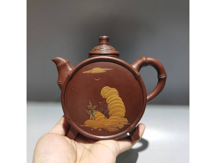 Théière chinoise Yixing en argile violette de 6 pouces, motifs de paysage, théière en forme de bambou, bouilloire, théière Flagon, théière de bureau