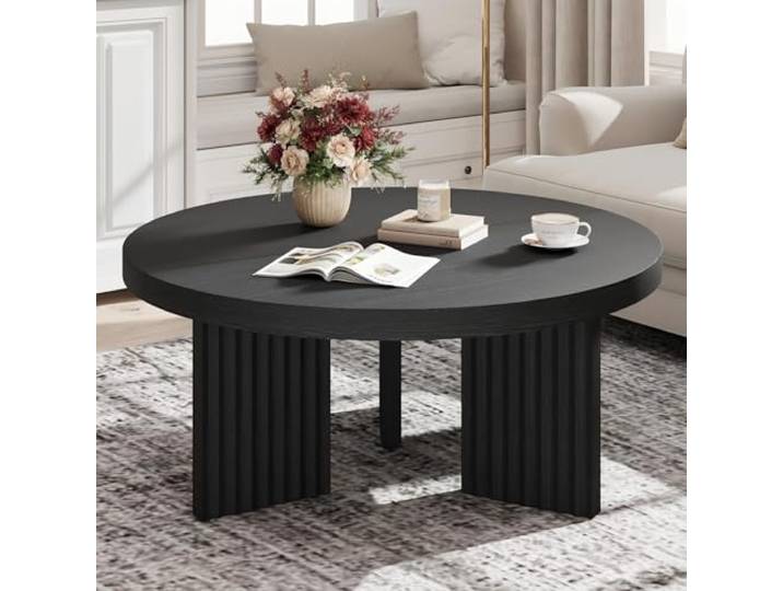 GarveeHome 85cm Runder Couchtisch, Kaffeetisch Mit Kannelierten Beinen, Beistelltisch Mit 3 cm Dicken Tischplatte, Für Wohnzimmer, 85 x 85 x 40 cm