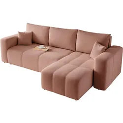 ECKSOFA Puderrosa Velours mit Bettkasten und Schlaffunktion