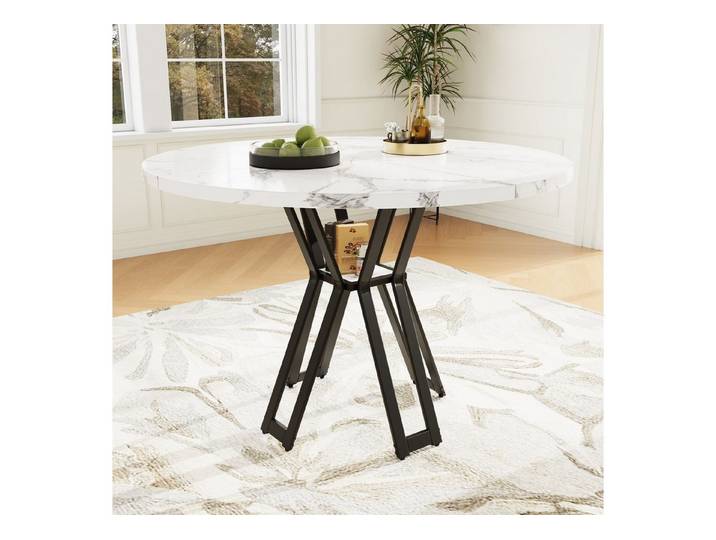 IDEASY Esstisch Runder Marmor-MDF Esstisch 4-6 Personen schwarze Beine