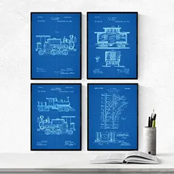 POSTER Set mit 4 Blau Eisenbahn Patent A4 Rahmenlos