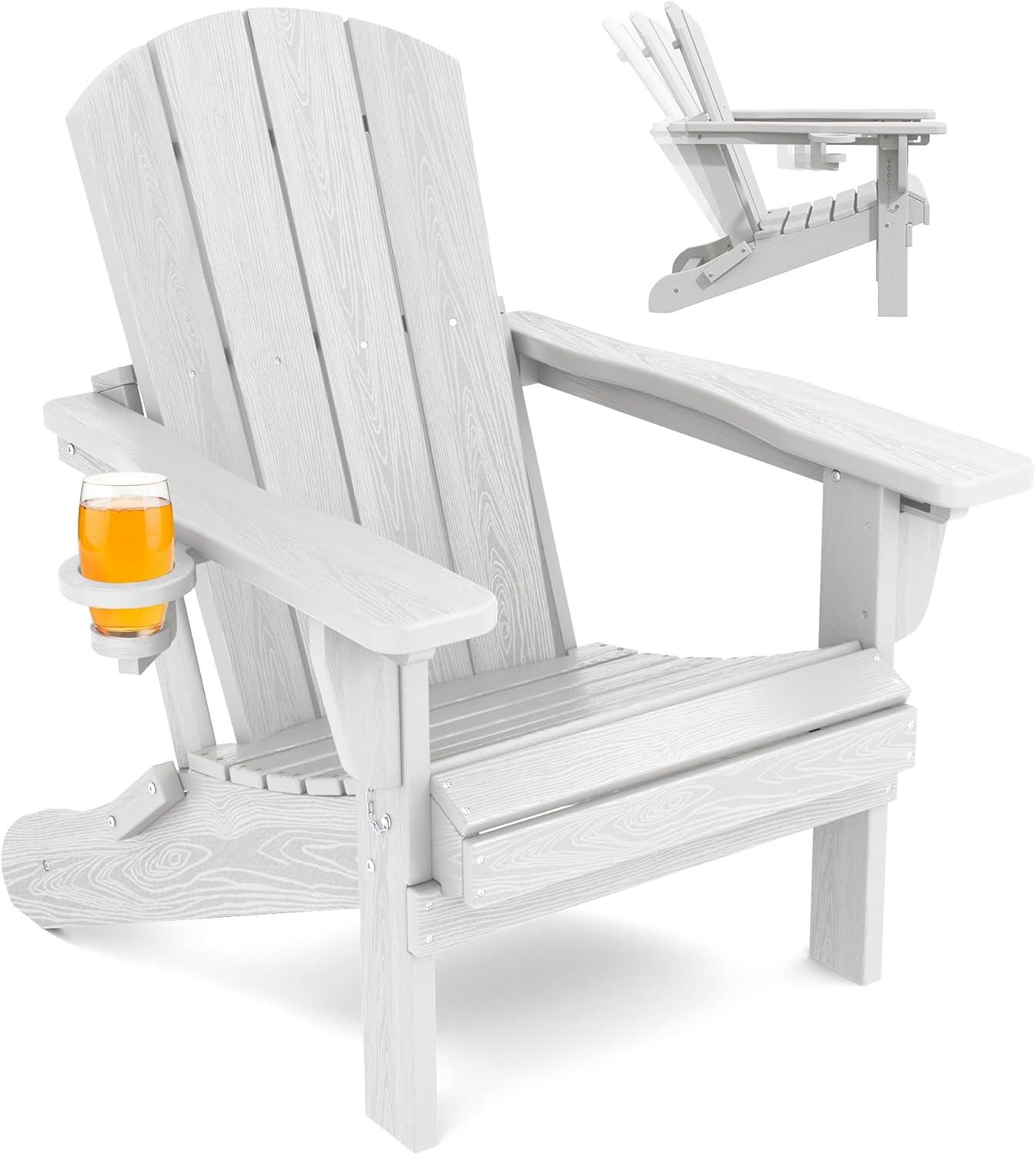 Verstellbarer Adirondack-Klappstuhl in Weiß mit Getränkehalter und 3 Liegepositionen, aus Allwetter-HDPE für Balkon, Veranda, Terrasse und Garten