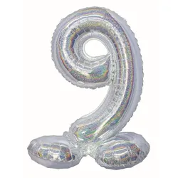 Folienballon Zahl 9 silber holografisch stehend 72 cm