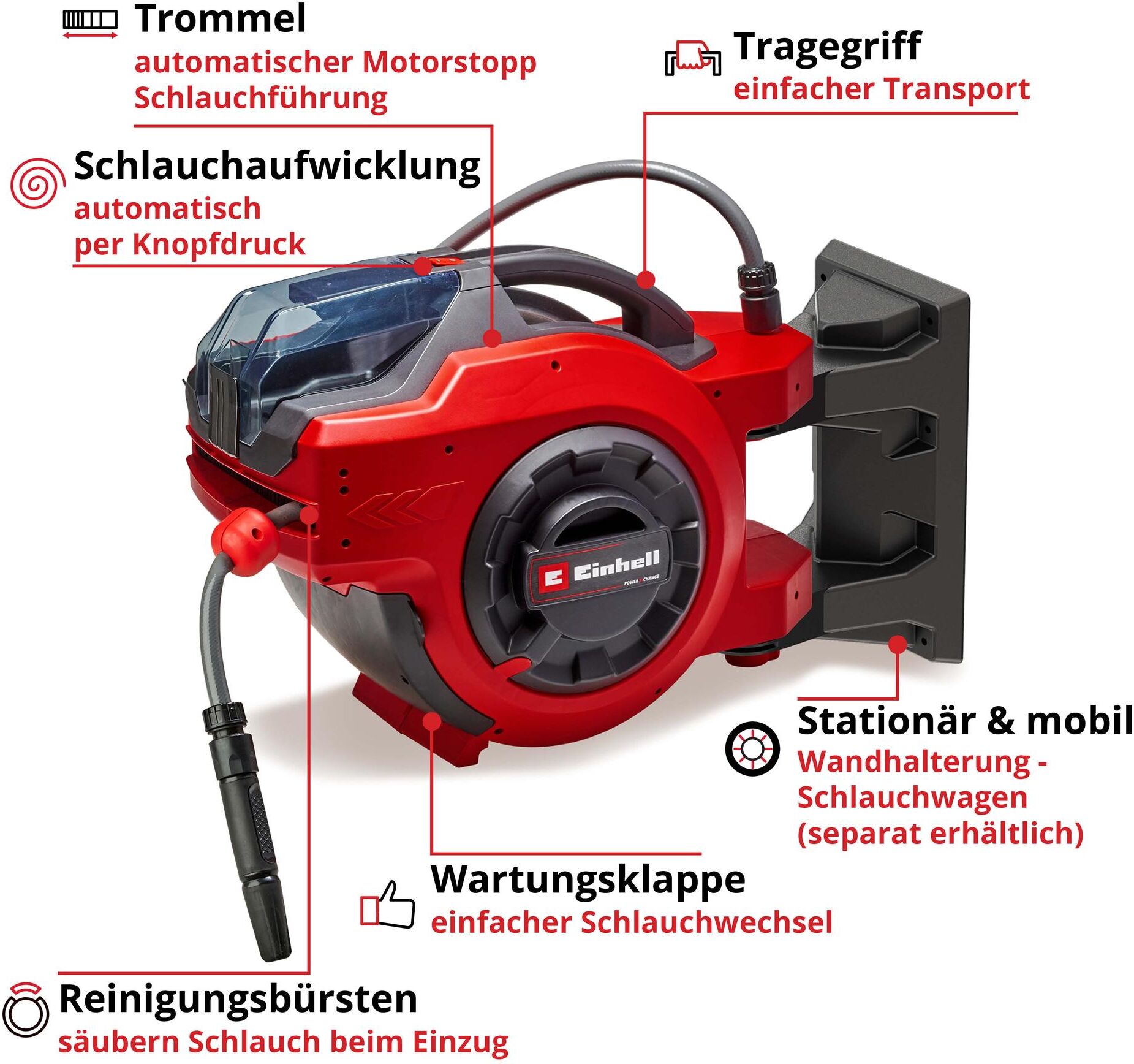 Schlauchaufroller EINHELL "GE-HR 18/30 Li-Solo", rot, 0m, Schlauchtrommeln, Schlauchaufroller rot 0m