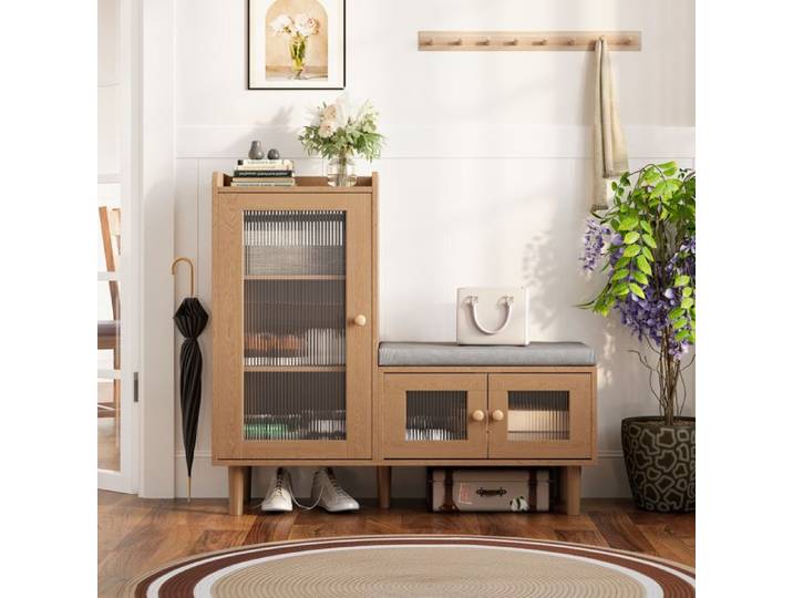 Étagère à Chaussures avec Tabouret et étagère réglable Meuble à Chaussures avec Porte Vitrée Couleur Bois Naturel