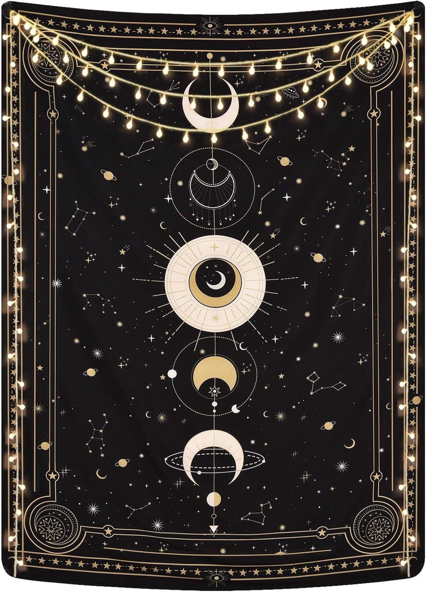 SnelShoppen Moon Phases Wanddecoratie - Mysterieuze Sterrenhemel met Tarotkaarten - Zwart - 149,86 x 129,54 cm