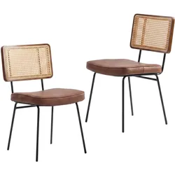 ESSZIMMERSTUHL 2er-Set Vintage PU-Leder Rattan-Optik Holz & Metallfüße