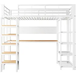 OKWISH Hochbett aus Metall und Holz, Weiß, 90x200 cm, mit LED-Beleuchtung, Steckdosen und Schreibtisch