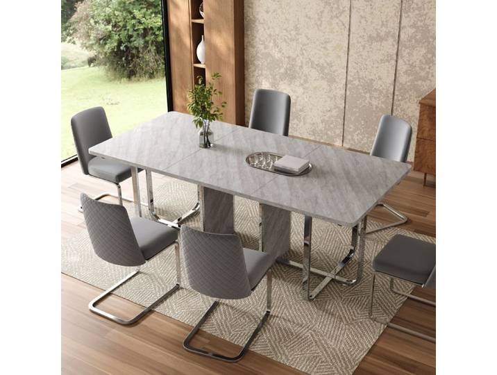 Table à manger 180x80x75 cm table à manger robuste pieds en métal table à manger rectangulaire pour 6 personnes gris + argent