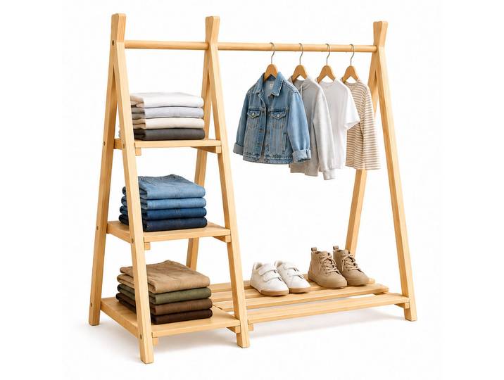 Relaxdays Kinderkleiderständer Natur Kiefernholz mit Regal 111,5 cm, Naturfarben, Holz, 112x111.5x48 cm, Garderobe, Garderobenständer