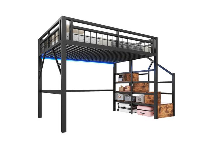 Redom Hochbett 140/200 cm mit LED-Lichtleiste, Stauraumtreppe und offenem Freiraum, Schwarz, Metall, 140x200 cm, Babymöbel & Kindermöbel, Kinderzimmer & Jugendzimmer, Kinderbetten, Hochbetten