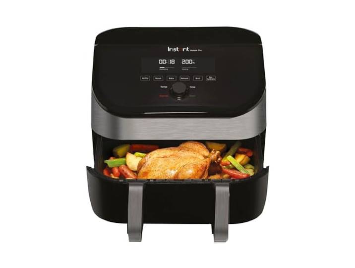 Instant VersaZone Heißluftfritteuse/XXL Single + Doppelkammer in 1-8.5L Digitaler Air Fryer Edelstahl, 8-in-1 Smart Programme - Frittieren, Backen, Braten, Grillen, Dörren, Aufwärmen