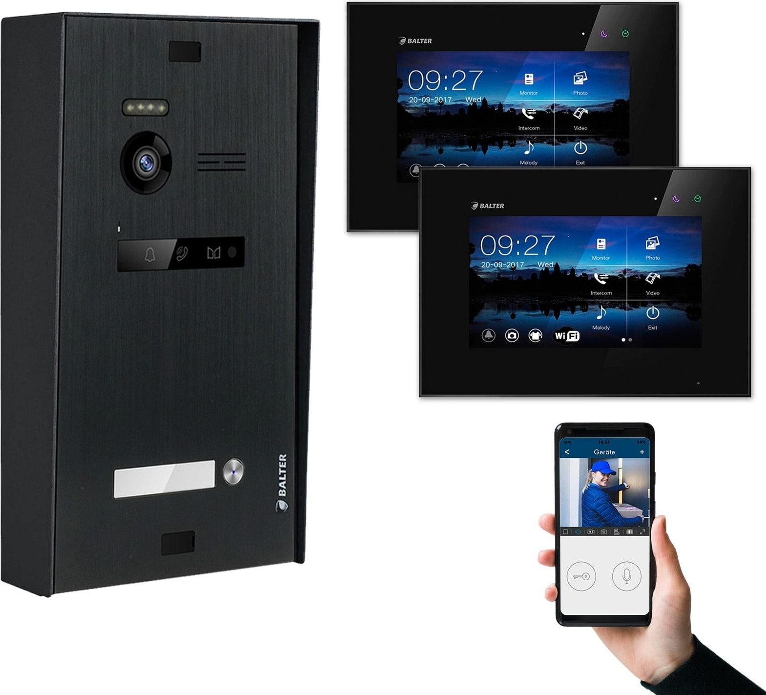 BALTER EVO Aufputz Schwarz Set 2x7" WiFi Video Türsprechanlage 1 Teilnehmer
