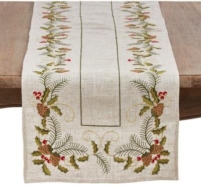 Saro Lifestyle Christmas Table Runner with Embroidered Pinecone and Holly Design