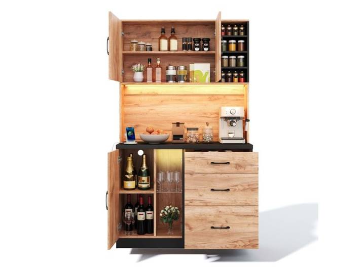 Meuble Buffet Cuisine avec LED et Multiprise Armoire Cuisine avec Plan de Travail Aspect Noir et Bois Meuble de Rangement Moderne