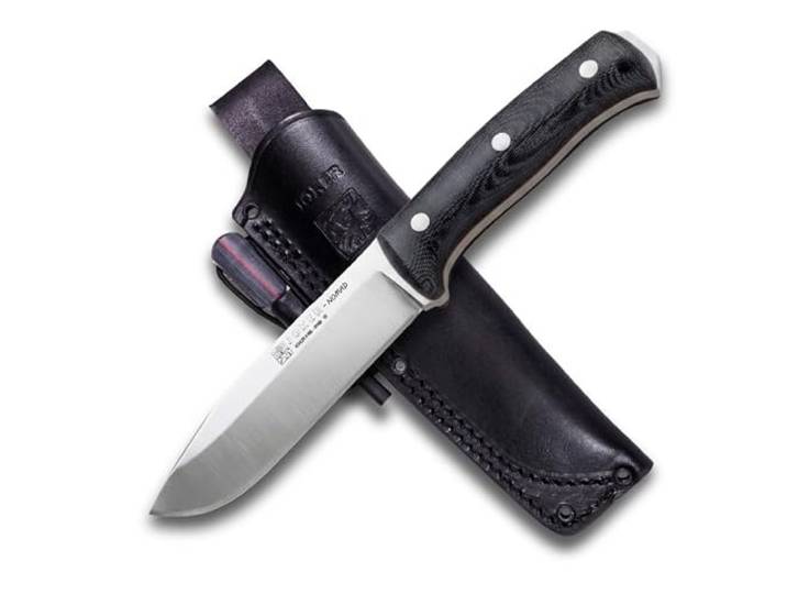 Joker Bushcraft Messer Nomad CM125-P, 12,7 cm Klinge aus Böhler N695 Stahl, Micarta Canvasgriff, schwarze Lederscheide mit Feuerstahl, Werkzeug zum Angeln, Jagen, Camping und Wandern