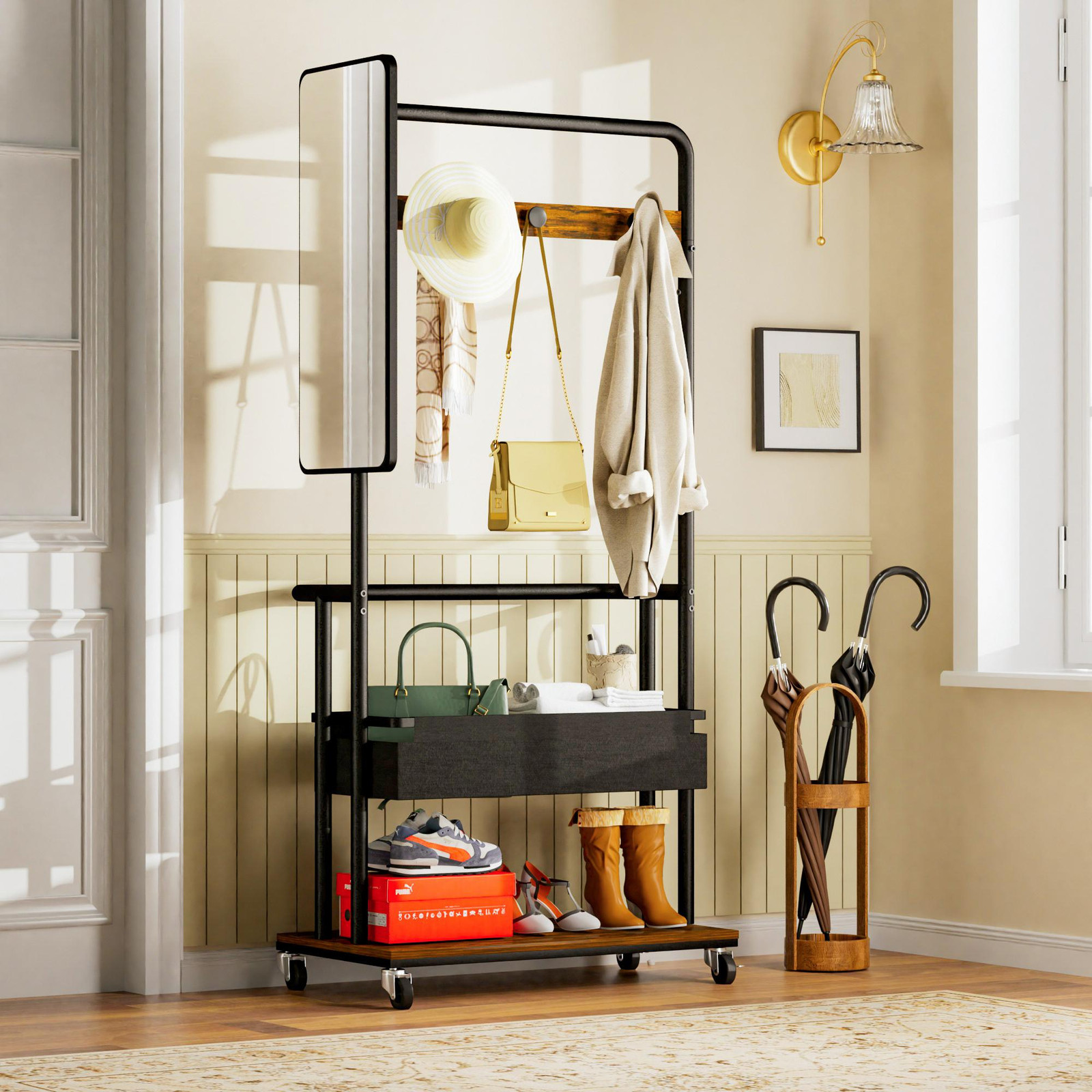 STILVORA Garderobe met wielen en spiegel, metalen kledingrek met mand en opbergruimte voor slaapkamer of hal