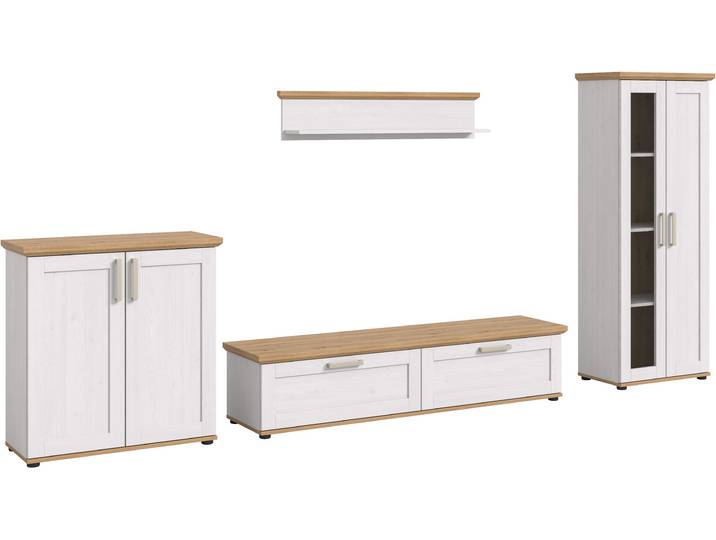 Wohnwand HOME AFFAIRE Cosenza , weiss (sibu lärche nachbildung), B:336cm H:161cm T:40cm, Kastenmöbel-Sets, Wohnwand, Cosenza, Breite: 336 cm, Vitrine, Highboard, Lowboard, Wandboard