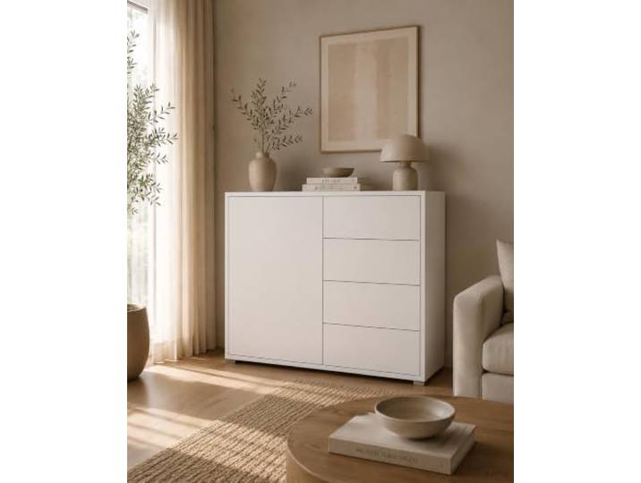 Elvora DESIGN. Kommode Weiß ORSINA, Schrank 1 Türen und 4 Schubladen Modern, Minimalistisch, Skandinavisch, Push-to-Open, Inbusschlüsselsatz, Wohnzimmer, Schlafzimmer, Flur, Stabile Konstruktion