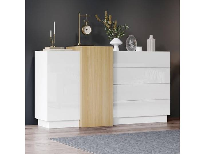 Merax Sideboard Kommode Weißes Hochglanz, Moderner Buffetschrank mit 2 Türen und 4 Große Schubladen, Mehrzweckschrank Beistellschrank für Wohnzimmer, Schlafzimmer, Esszimmer, Griffloses Design, 140cm