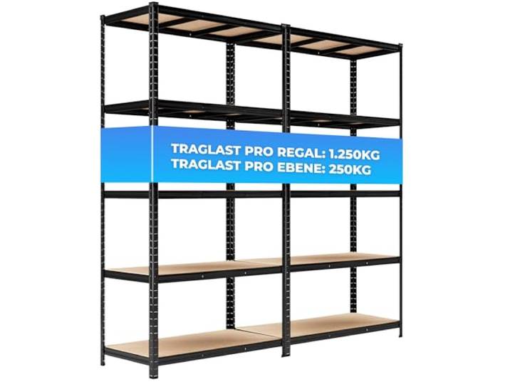 ALL Premium Schwerlastregal 2er Set 200x100x50 cm Schwarz - 1250kg Traglast – Schwerlastregal Schwarz, vielseitiges Regal 100 cm breit, Regal 50 cm tief, ideal für Keller & Lager