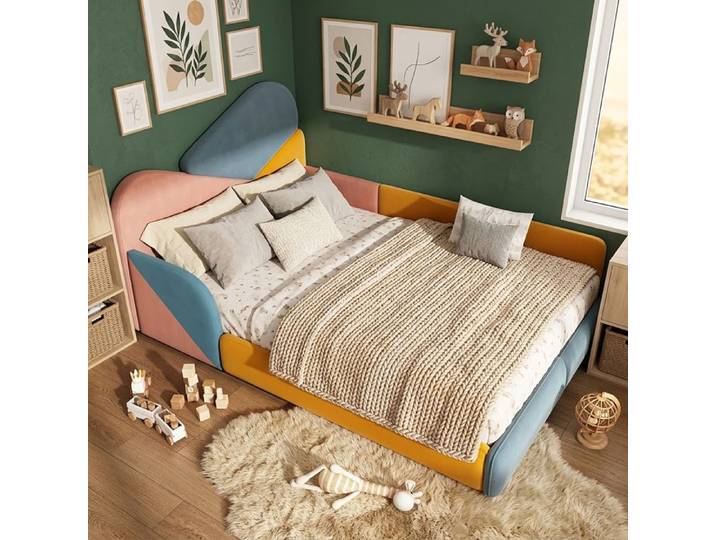 Lit rembourré enfant 140x200 cm - Lit simple enfant - Surface de couchage 140x200 cm - Design patchwork multicolore