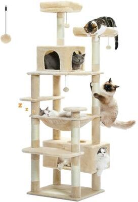 Uplift Essentials Multi Level Indoor Cat Tree Tower With Hammock & Scratching Board beige