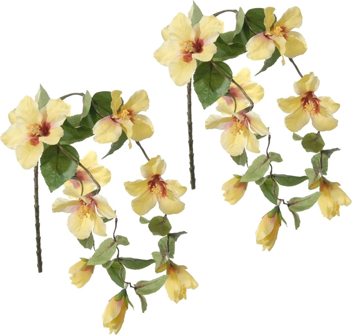 Louis Maes Hibiscus kunstbloemen - 2x - Geel - Hangende tak - 165 cm - Levensechte zomer decoratie van pvc