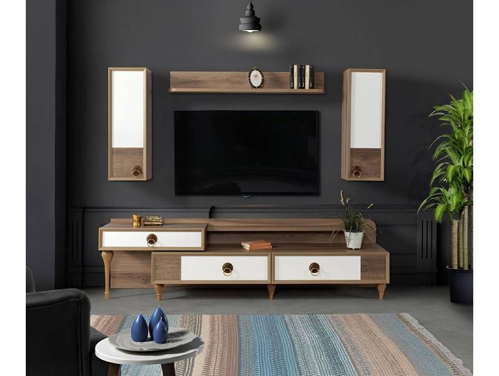 Xlmoebel Wohnwand Moderne Holz-Wohnwand in Braun mit RTV-Lowboard für Wohnzimmer, (3-St., Wohnwand), Hergestellt in Europa
