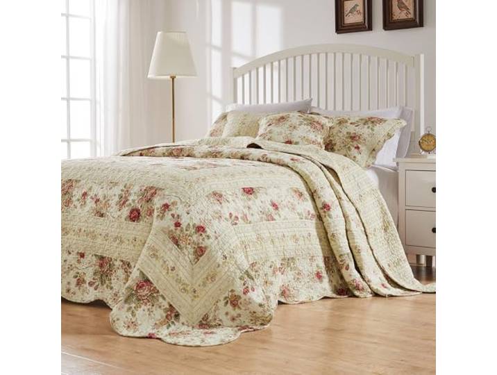 Greenland Home Antique Rose Tagesdecken-Set, 100% Baumwolle, Shabby Chic, 3-teilig, Queensize-Bett, Ecru