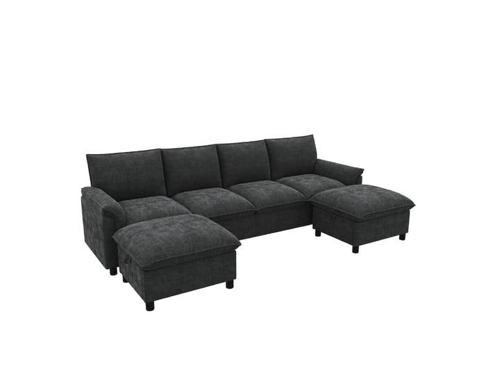 Canapé d'angle en chenille noir avec 2 poufs