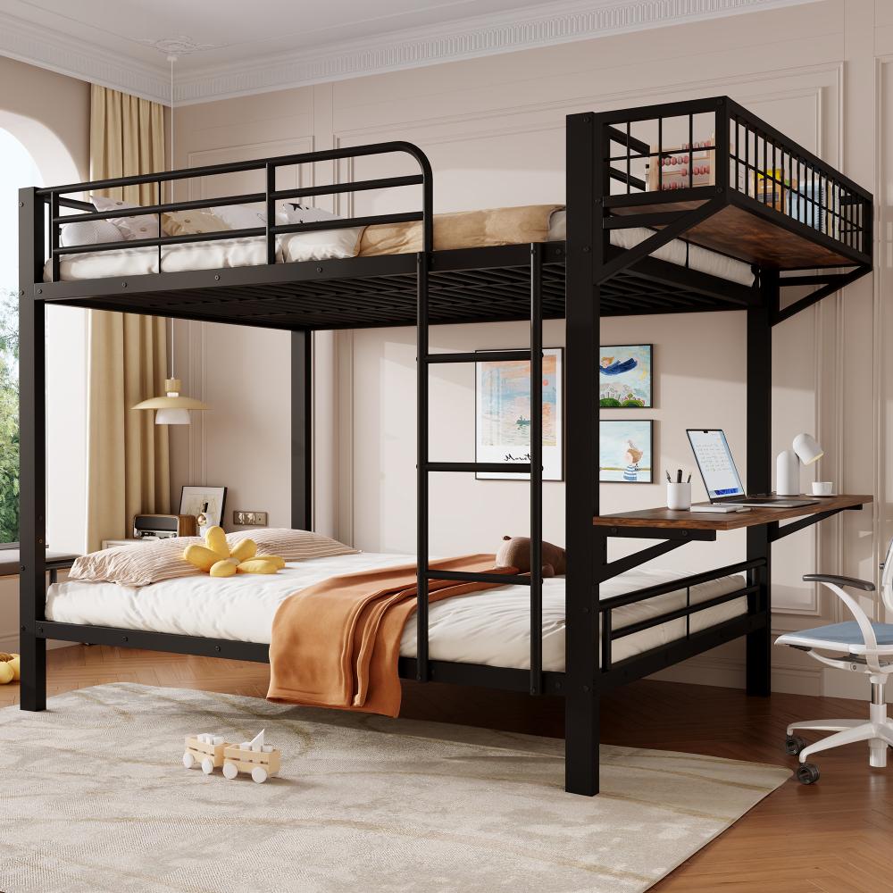 Etagenbett mit Schreibtisch, Metall-Etagenbett, Ohne Matratze, mit Staufach, Kinderetagenbett mit Leiter, mit Arbeitsplatz, 140x200cm, Schwarz