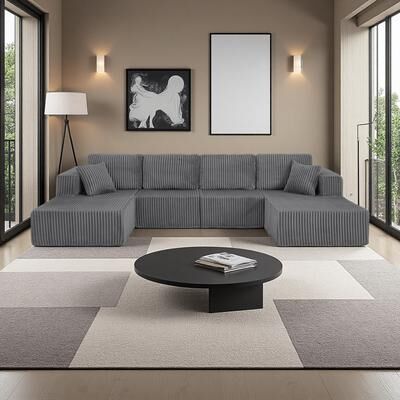 "161"" Corduroy U-Shape Modular Sectional Sofa with Sleeper Function and Space-Saving Design"