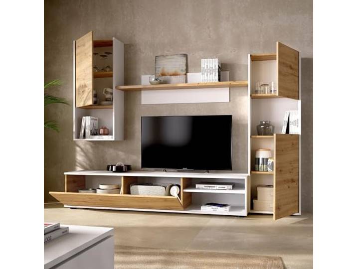 Dmora - Wohnzimmermöbel Foraker, TV-Ständer-Wohnzimmerset, Mehrzweck-Wohnzimmermöbel, 220 x 41 x 180 cm, geknotete Eiche und Weiß