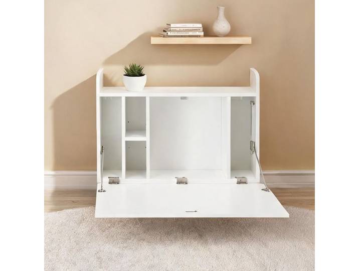 Bureau mural rabattable blanc 77x20x51 cm table ordinateur pliante avec rangements panneaux de particules design épuré pour