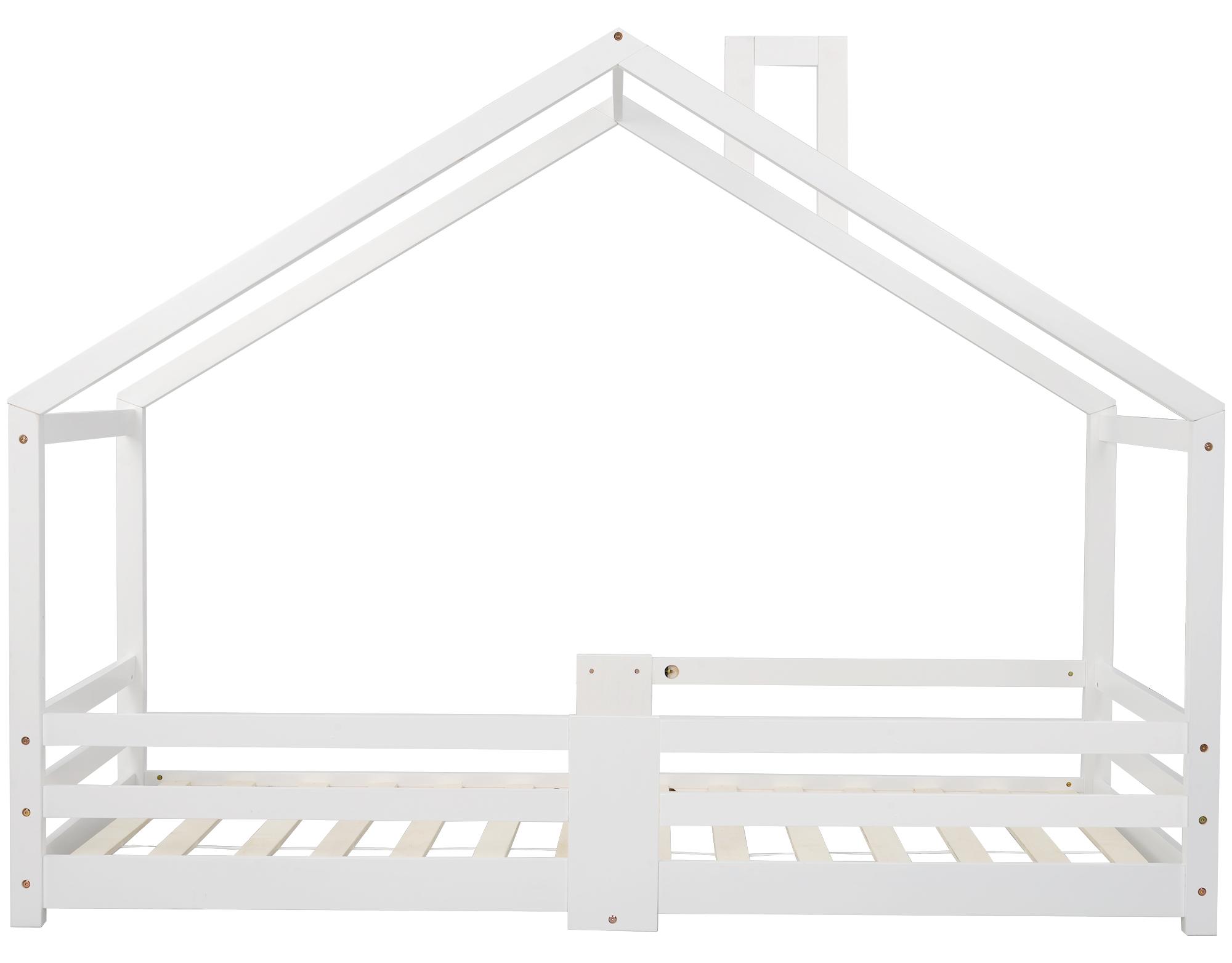 Kinder-Hausbett - 90 x 200 cm - Kiefernholz - Lattenrost - Rausfallschutz - Schornstein - Weiß