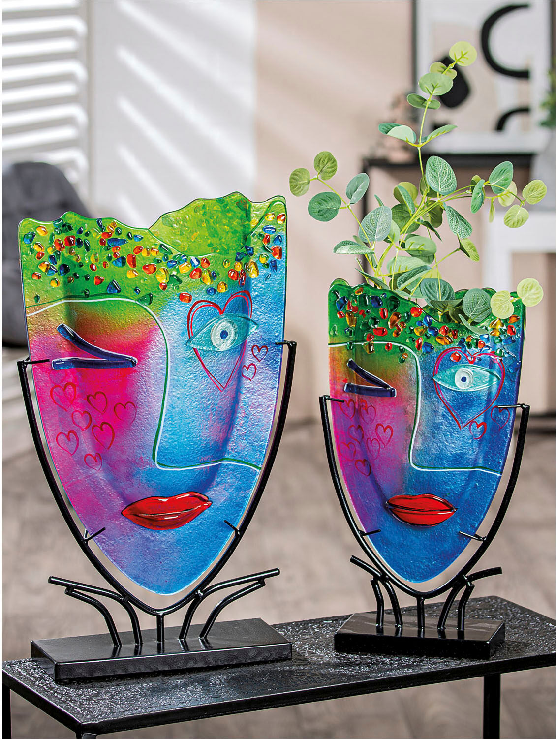 Bodenvase CASABLANCA BY GILDE "Designvase Face "Twinkle", bunt, B:30cm H:49cm T:10,5cm, Glas, Metall, Vasen, Bodenvase bunt B/H/T: 30cm x 49cm x 10,5cm