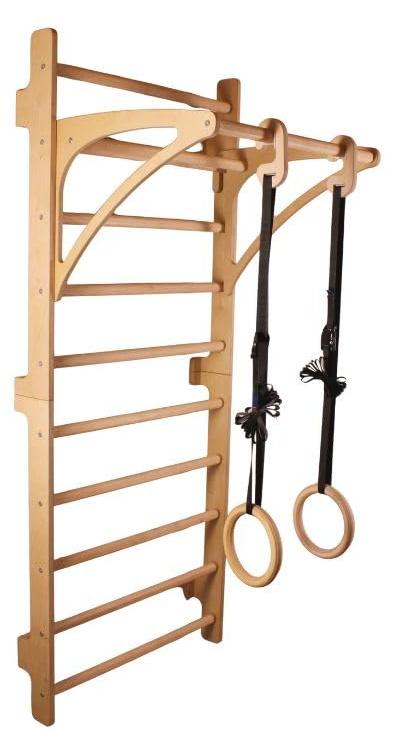 BearOnBar - Trainingsleiter-Set 200 x 80 cm für Innenräume - bis 100 kg - An der Wand montierte Holzleiter mit abnehmbarer Stange und Turnringen