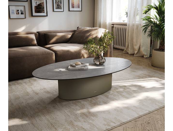 DELIFE Couchtisch Edge Oval 135x80 cm Keramik Beton Grau Casilda Effektfinish Titan, Couchtische