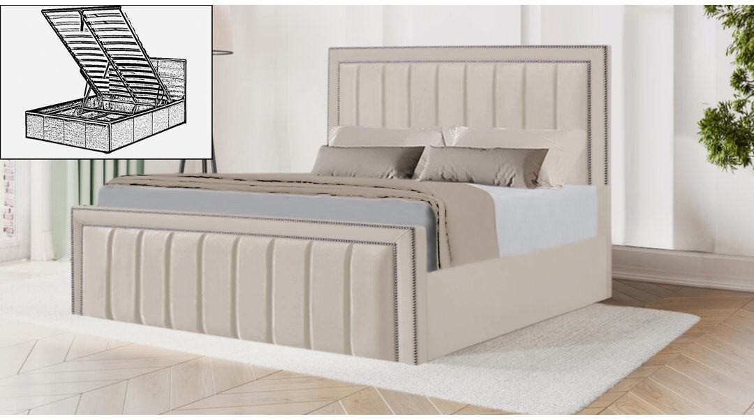 Brayden Studio Luciana Upholstered Velvet Lift Up Storage Ottoman Bed Cream Double (4'6)