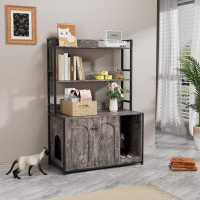 GREATPLANINC Cat Litter Box Cabinet with 3-Tier Storage, Hidden Litter Box Enclosure, Pet Storage Cabinet with Scratch Pad