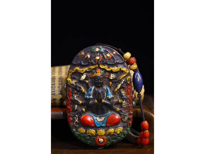Collection de Temple Tibétain, Amulette Pendentif, Pierres Précieuses en Mosaïque de Météorite Naturelle, GZi, Coquillage Cundhi bodhisattva 1000 Guanyin, 3 Pouces
